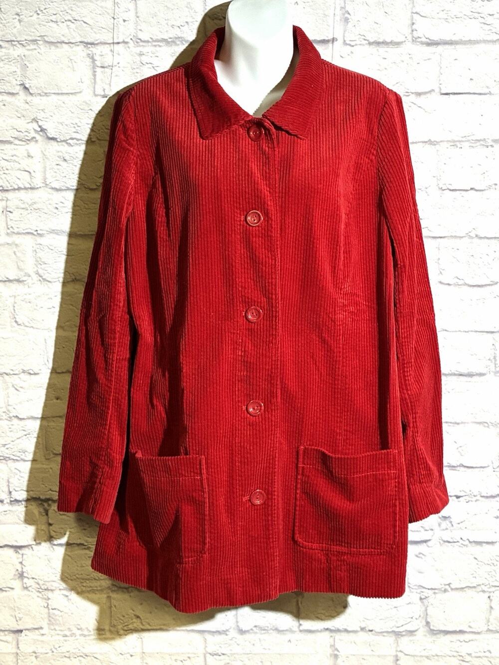 J.Jill Womens M Red Corduroy Swing Jacket Pleated Back Patch Pockets